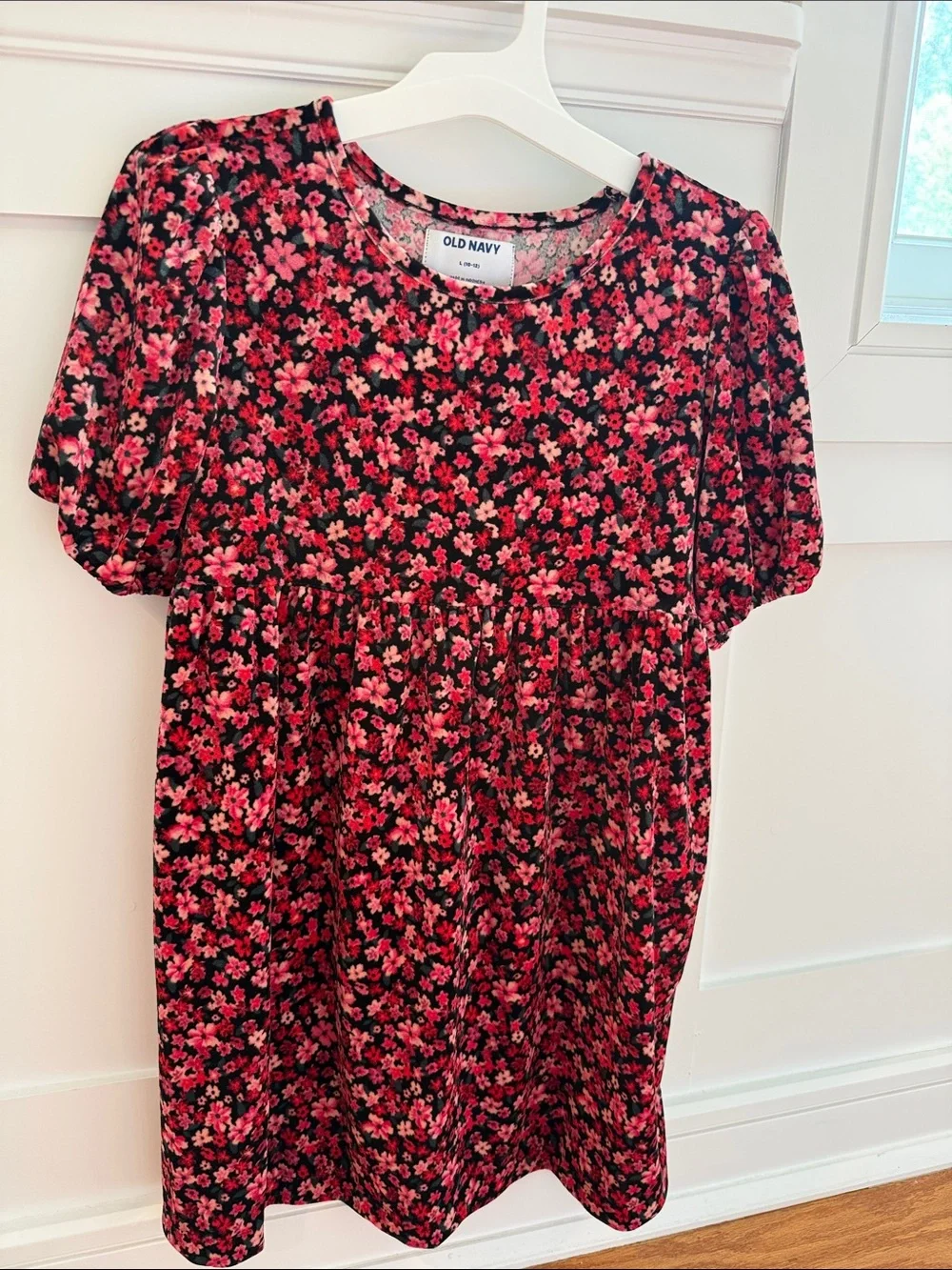 Old Navy Velvet Black and Pink Floral Babydoll Dress